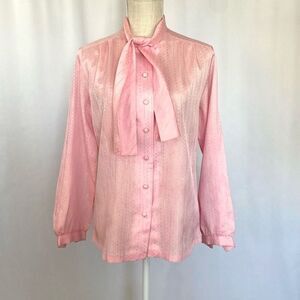 Vintage 60s Baby Pink Jane Holly Top Secretary Blouse Long Sleeves Neck Tie